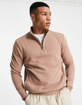 Threadbare 1/4 zip sweatshirt in dusty pink-Brown