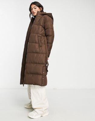Threadbare Addison maxi belted puffer coat in chocolate brown