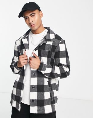Threadbare borg button up check overshirt shacket in black and white-Brown