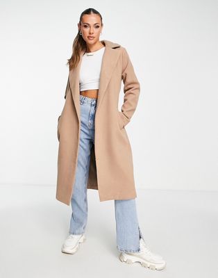 Threadbare Chai belted formal coat in camel-Neutral