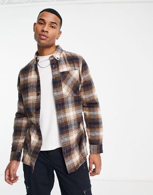 Threadbare checked overshirt in brown and navy