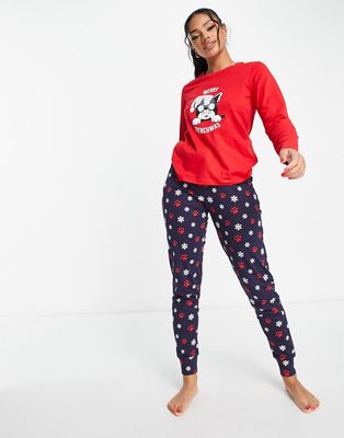 Threadbare christmas puppy long pajamas in red and navy-Pink