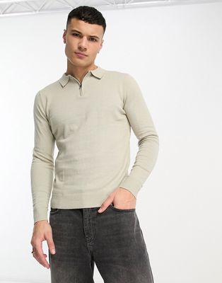Threadbare cotton 1/4 zip long sleeve knit polo in oatmilk-White