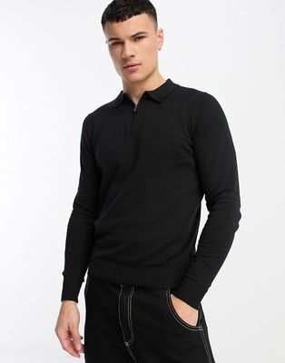 Threadbare cotton quarter zip long sleeve knit polo in black