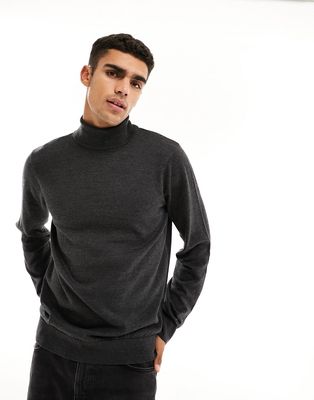 Threadbare cotton roll neck sweater in charcoal heather-Gray