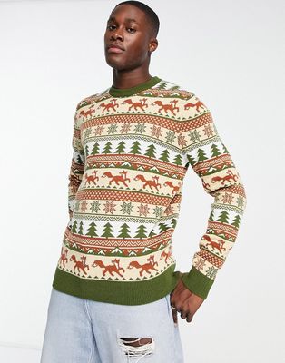 Threadbare crew neck fox Christmas sweater in camel-Neutral