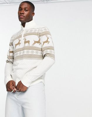 Threadbare fairisle 1/4 zip Christmas sweater in ecru-White