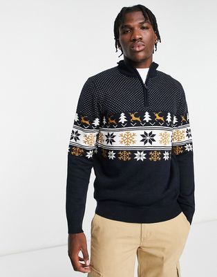 Threadbare fairisle 1/4 zip Christmas sweater in navy