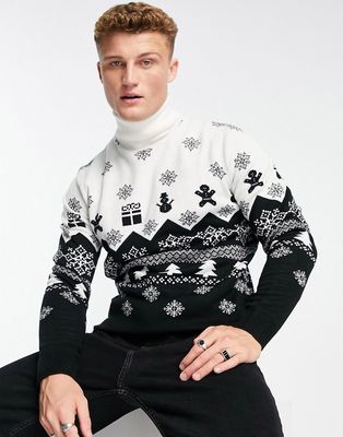 Threadbare fairisle roll neck Christmas sweater in black & ecru
