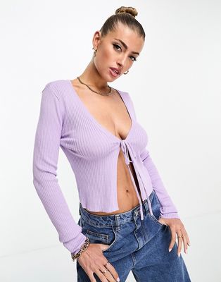 Threadbare Georgia ribbed cropped cardigan with tie front in purple rose