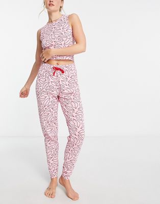 Threadbare lips long pj set with crop cami in pink