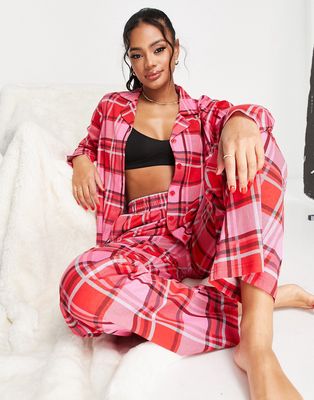 Threadbare long pajama shirt and pants in red and pink check
