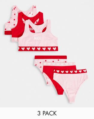 Threadbare Naughty and Nice 3-pack lingerie sets in red and pink