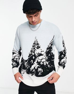 Threadbare oversized winter scene Christmas sweater in blue
