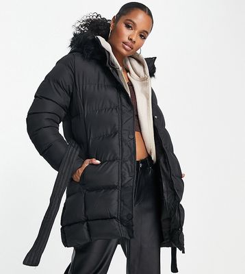 Threadbare Petite Emerald belted puffer jacket with faux fur trim hood in black