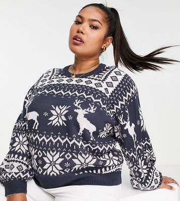 Threadbare Plus Christmas reindeer fairisle sweater in navy