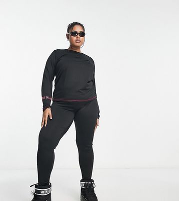 Threadbare Plus Ski base layer banded waistband leggings and long sleeve top set in black