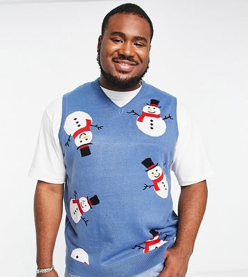 Threadbare Plus snowman Christmas sweater vest in denim blue