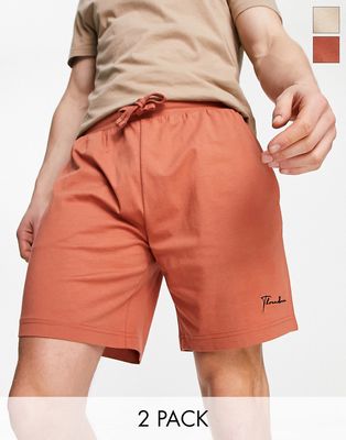 Threadbare ronson 2 pack lounge shorts in oat milk and terracotta-Neutral