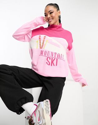 Threadbare Ski high neck printed sweater in pink