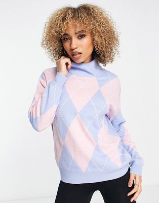 Threadbare Ski roll neck sweater in pink argyle