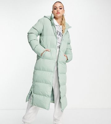 Threadbare Tall Addison belted maxi puffer coat in sage green