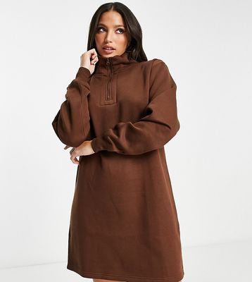 Threadbare Tall Jenna half zip mini sweater dress in chocolate brown