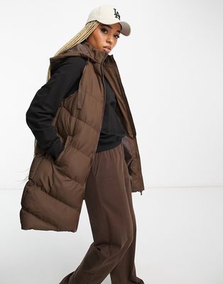Threadbare Vamp longline padded vest with hood in chocolate brown