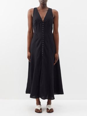Three Graces London - Rose V-neck Linen Dress - Womens - Black