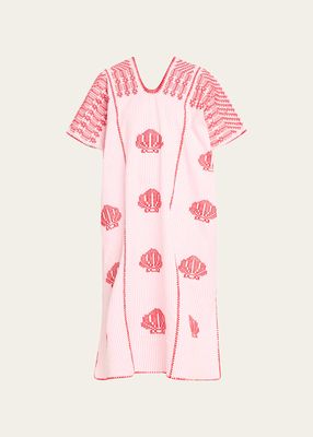 Three-Panel Midi Kaftan in White and Pink Stripe with Red Shells Design