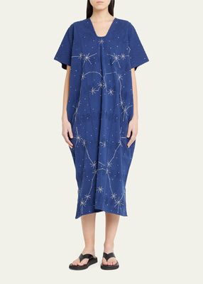Three-Panel Midi Kaftan With Galaxy Stars Embroidery