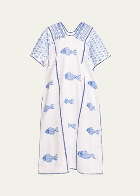 Three-Panel Midi Kaftan with Tonal Embroidered Fish