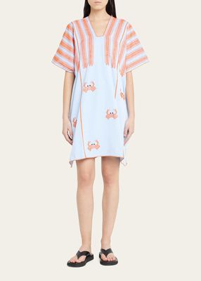 Three-Panel Mini Kaftan In Baby Blue With Hot Orange Crab Embroidery