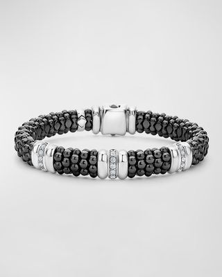 Three-Station Black Caviar Bracelet with Diamonds, 9mm