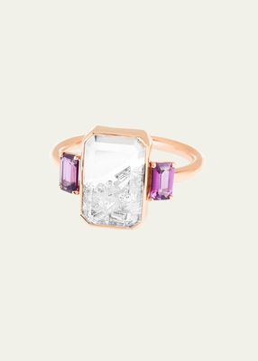 Three Stone Pyrope Emerald-Cut Ring with Diamonds and Pyrope Garnet in 18K Rose Gold