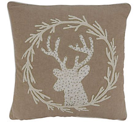 Throw Pillow Cover With Embroidered Reindeer De sign