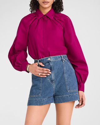 Tiana Ruched Lace-Inset Cotton Poplin Top