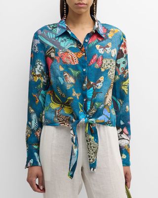 Tie-Front Butterfly-Print Linen Shirt