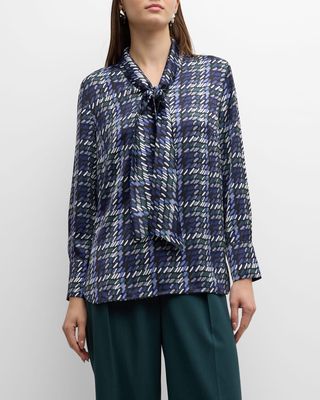 Tie-Neck Abstract-Print Blouse