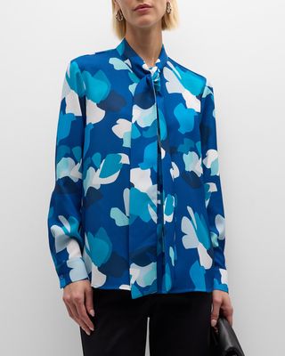 Tie-Neck Abstract-Print Crepon Blouse