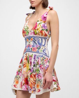 Tie-Shoulder Floral Linen Silk Mini Dress