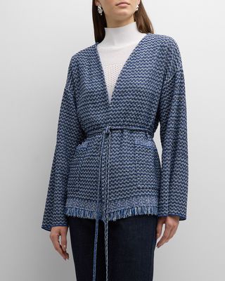 Tie-Waist Fringe-Trim Intarsia Knit Tweed Jacket