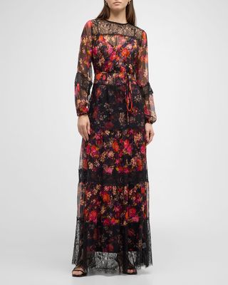 Tiered Floral-Print Lace-Trim Maxi Dress