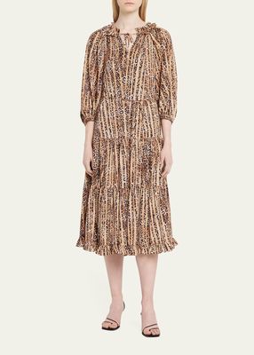 Tiered Jaguar-Print Peasant Midi Dress