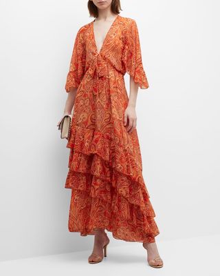 Tiered Paisley-Print Deep V-Neck Maxi Dress