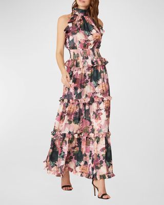 Tiered Ruffle-Trim Floral-Print Halter Gown