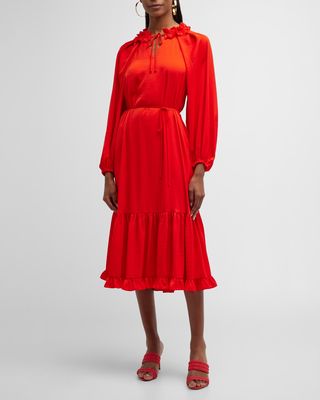 Tiered Ruffle-Trim Raglan-Sleeve Midi Dress