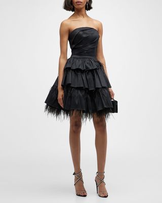 Tiered Strapless Feather-Trim Mini Dress