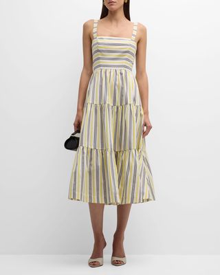 Tiered Striped Square-Neck Midi Dress