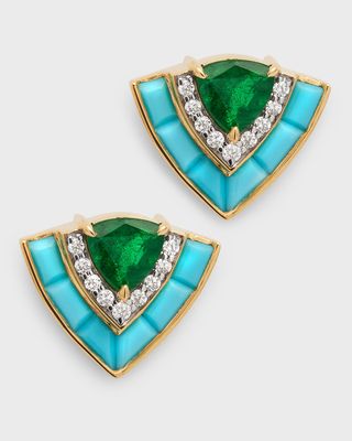 Tiered Stud Earrings in 18K Yellow Gold with Emeralds, Diamonds and Turquoise